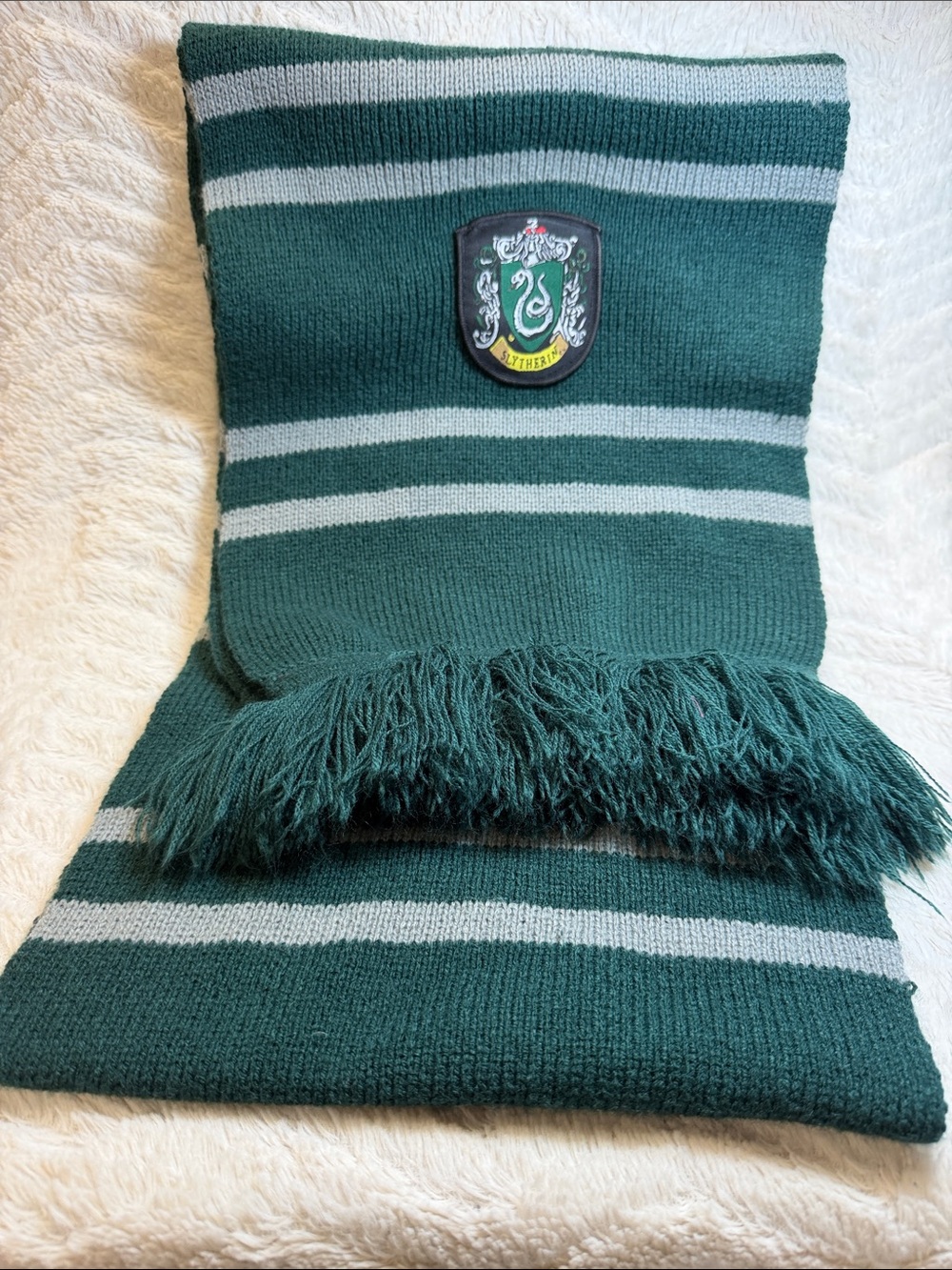 Harry Potter Slytherin acrylic long fringed scarf, embroidered emblem. Unisex